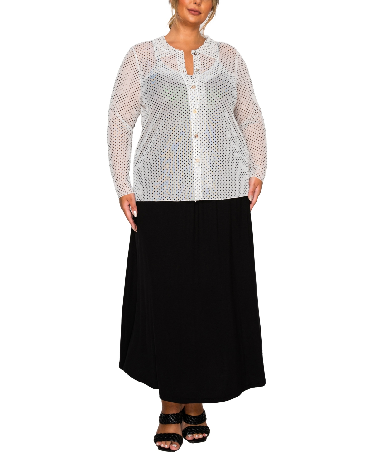Coin 1804 Plus Size Dot Mesh Button Front Long Sleeve Top In Multi