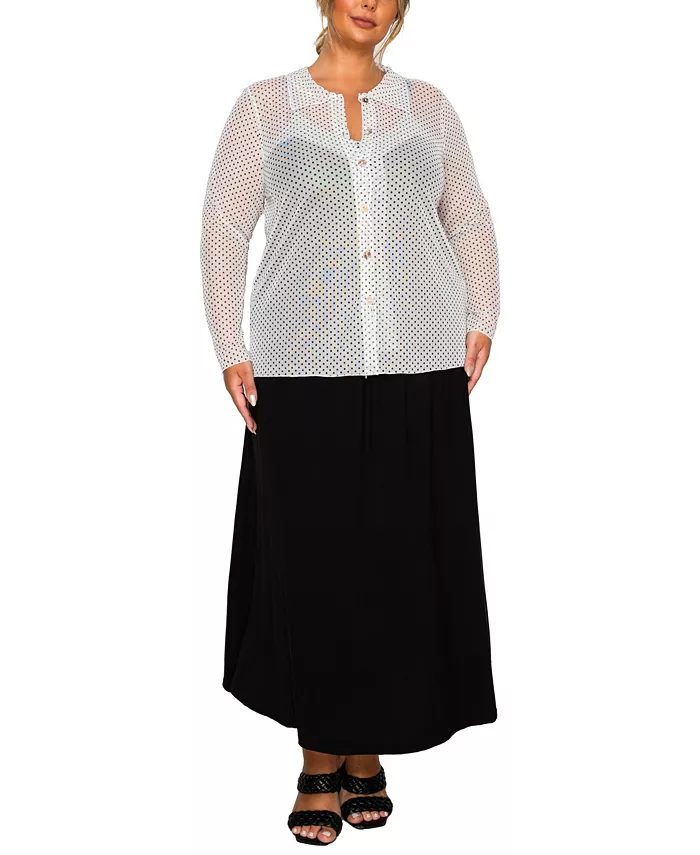 Plus Size Dot Mesh Button Front Long Sleeve Top - thumbnail 9