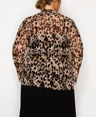 Plus Size Leopard Mesh Button Front Long Sleeve Top