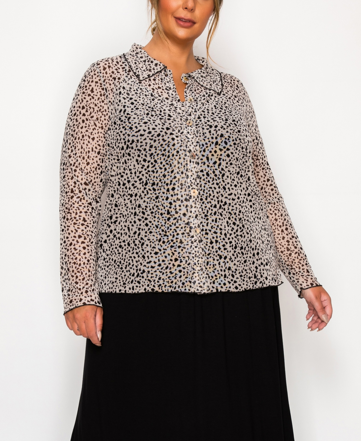 Coin 1804 Plus Size Leopard Mesh Button Front Long Sleeve Top In Brown