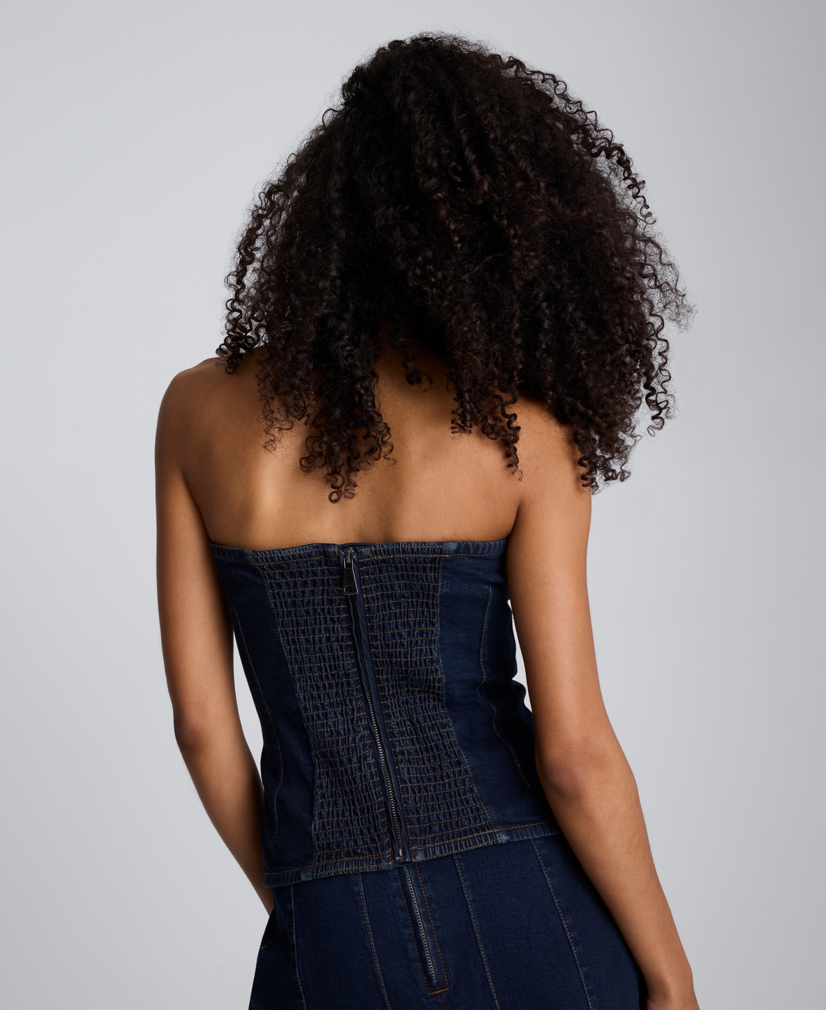 Kenneth Cole Denim Bustier Top With Smocking In Blue