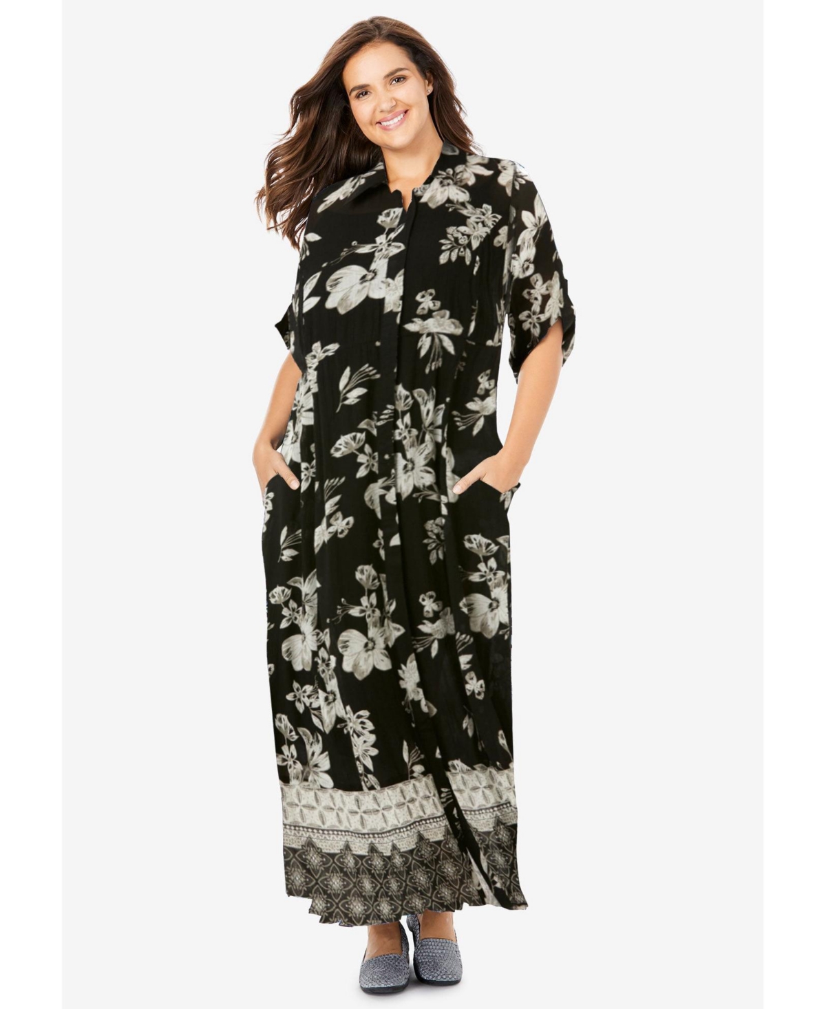 Women's Within Roll-Tab Sleeve Crinkle Shirtdress - Deep claret batik