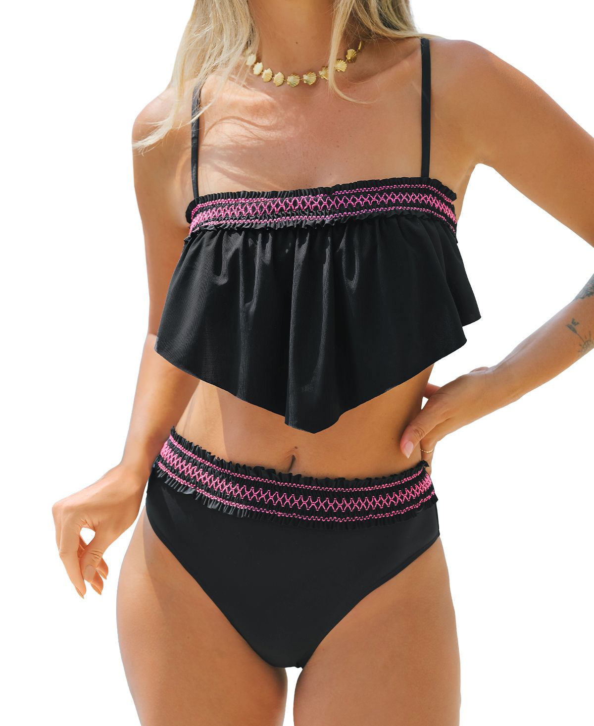 Women's Ruffled Back Hook Stitching Bikini Sets - Black