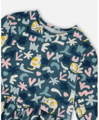 Big Girls Jersey Dress Green Cat Print