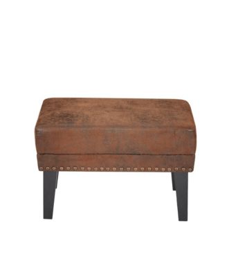 Vintage Upholstered Ottoman with Nailhead Trim, Distressed Brown Footstool with Solid Wood Legs-The Pop Home