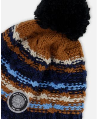 Boy Lined Peruvian Knit Winter Hat with Pompom Taupe and Navy - Toddler|Child