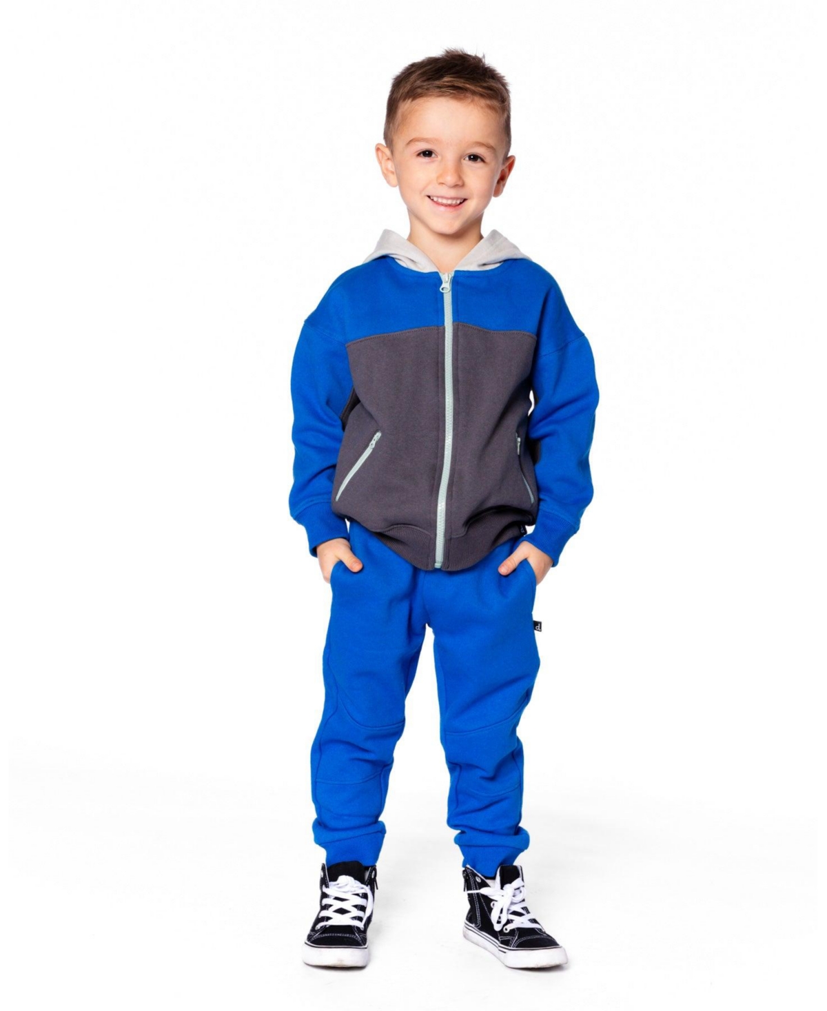 Deux par Boy Color Blocked Zip Front Fleece Hoodie Dark Gray