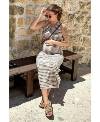 Maternity Beige Striped Knit Fitted Sleeveless Maxi Dress