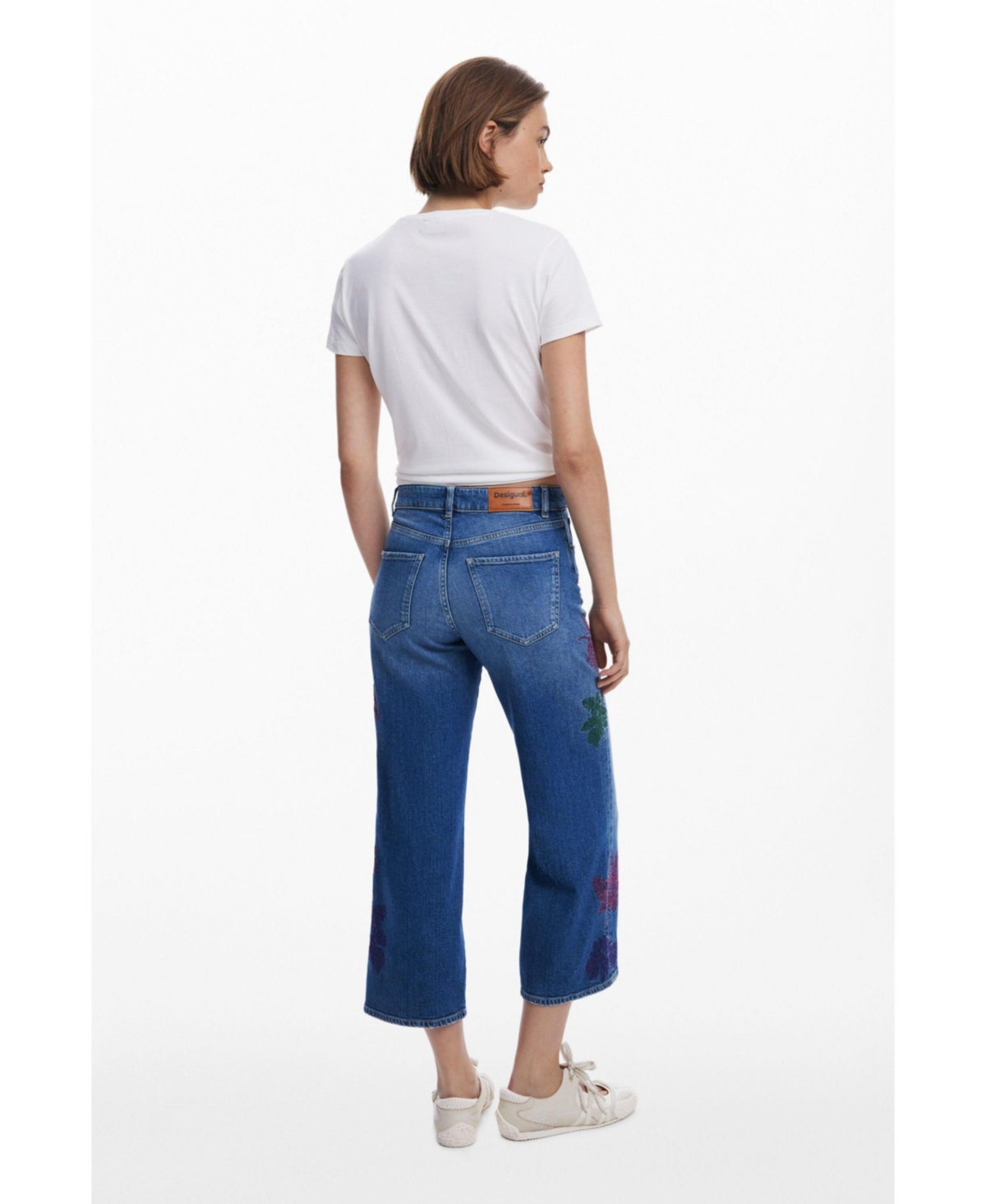 Desigual Leaf Embroidered Crop Wide Leg Jeans In Blue