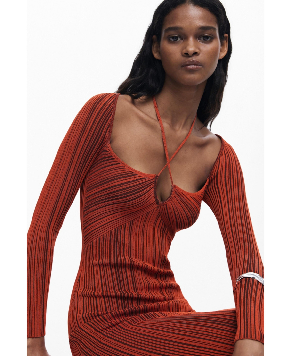 Desigual Variegated Rib Long Sleeve Knit Dress In Red