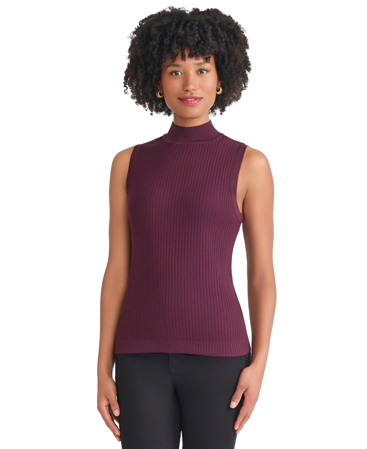 Jones New York Rib Sleeveless Turtleneck Sweater In Burgundy