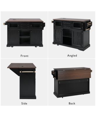 54.9" Kitchen Island with Drop Leaf, Power Outlet, Storage Cart with Glass & Barn Doors, 4 Shelves&Wheels (No Stools)