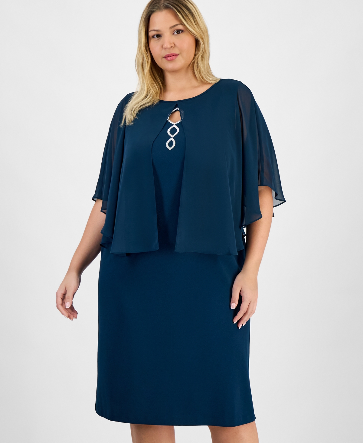 Connected Plus Size Cape Overlay Dress In Green