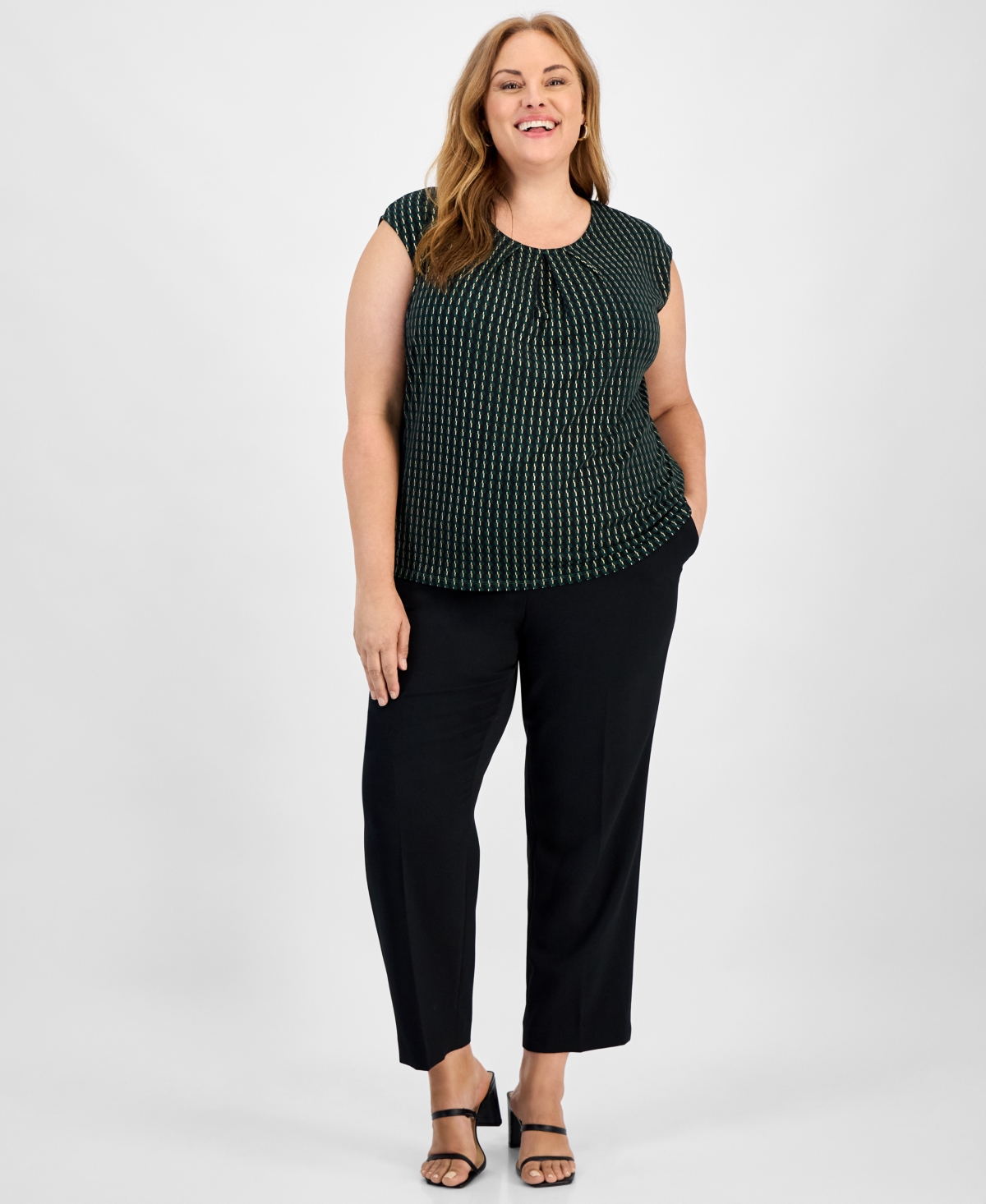 Kasper Plus Size Printed Pleat-neck Sleeveless Top In Blue