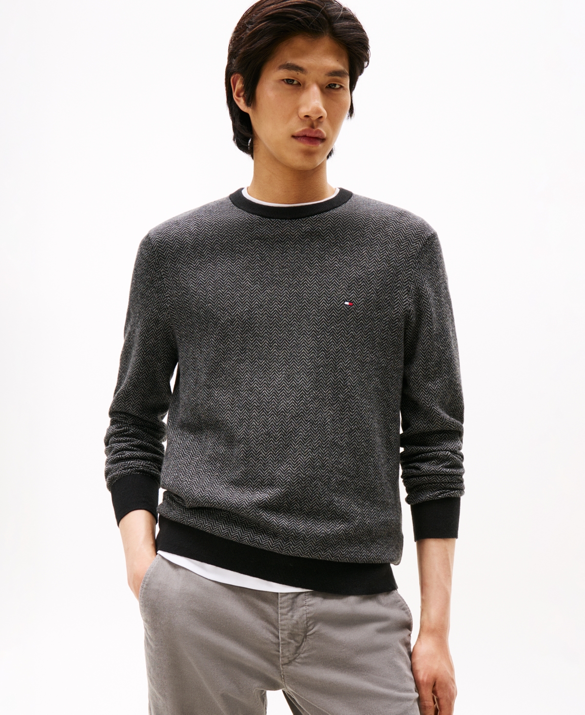Tommy Hilfiger Men's Pima Cotton Cashmere Herringbone Crewneck Sweater