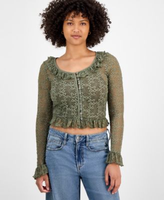 And Now This - Women's Ruffle-Trim Stretch-Lace Crop Top