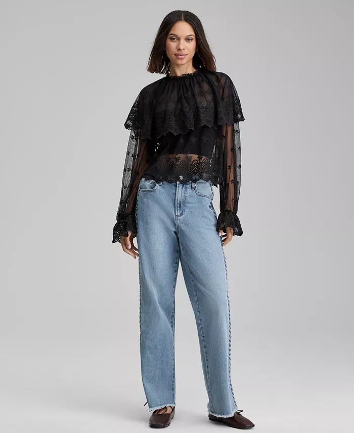 Women's Sheer Embroidered Capelet Blouse - thumbnail 4
