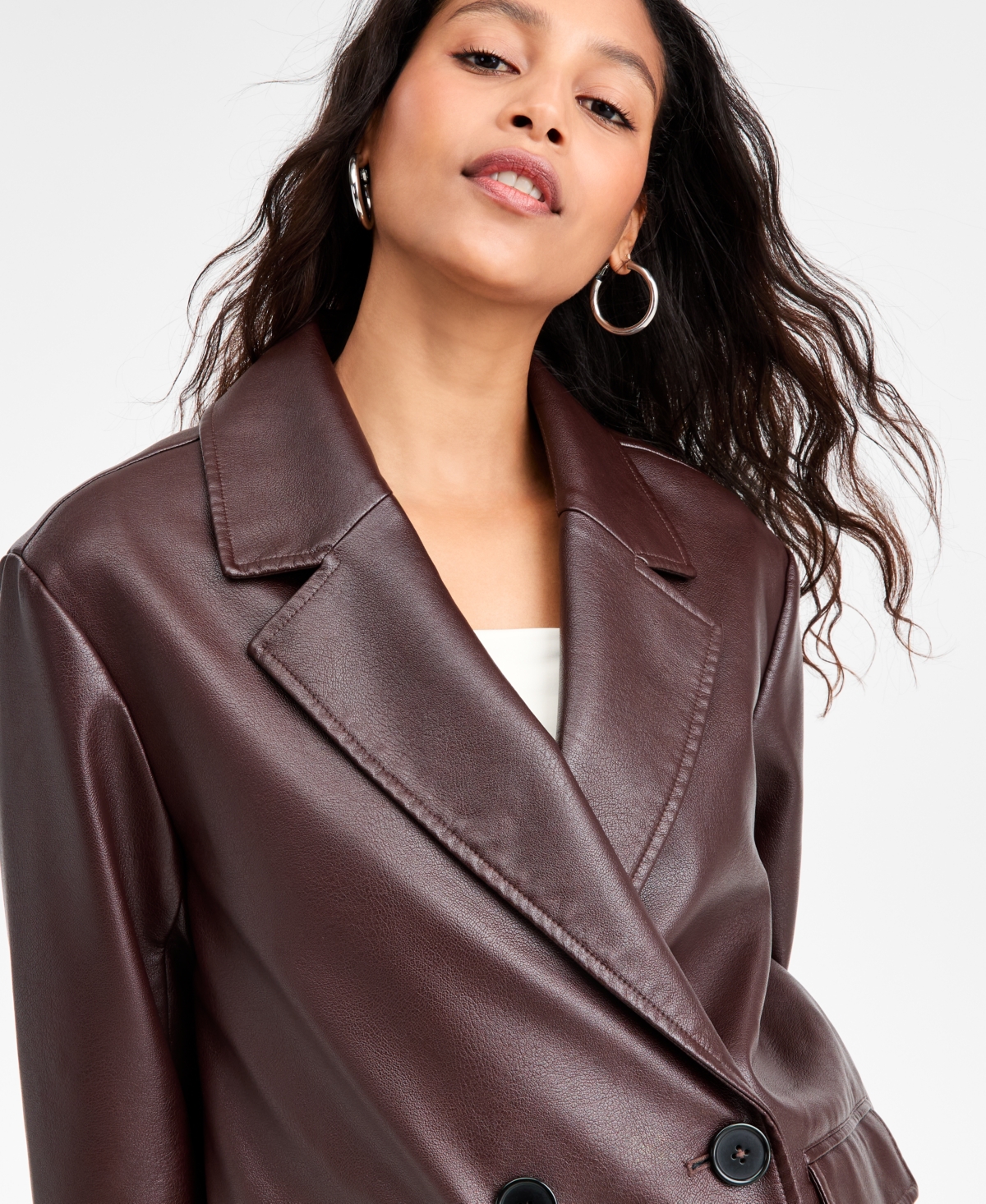 Bar Iii Women's Faux-leather Double-breasted Blazer, Macy's Exclusive In Brown