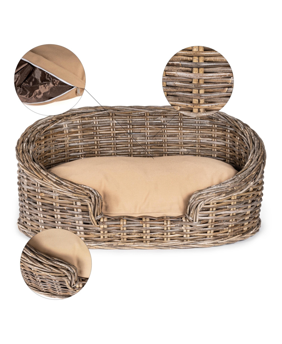 Curvy Classic Handwoven Rattan Pet Bed with Machine-Washable Cushion