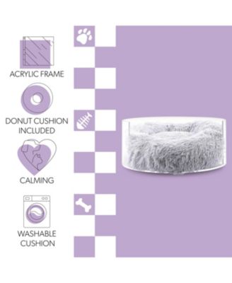 Bette 20.75" x 20.75" Small/Medium Modern Acrylic Calming Fluffy Donut Pet Bed with Washable Cover, Light Gray/Clear