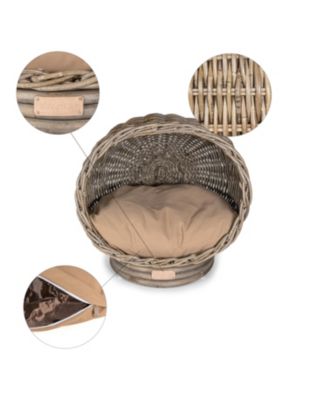 Socket Dome 19.5" x 17" Bohemian Handwoven Rattan Pet Bed with Machine-Washable Cushion, Kubu Gray