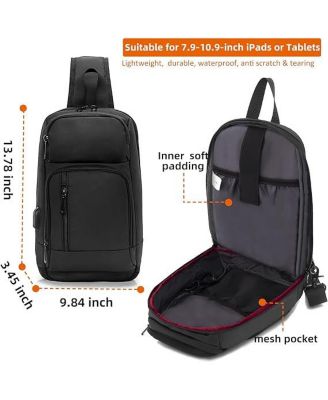 14 inch Sling Bag for Men,Black Crossbody Bag with USB Charging Port Fits 10.2inch iPad, Casual