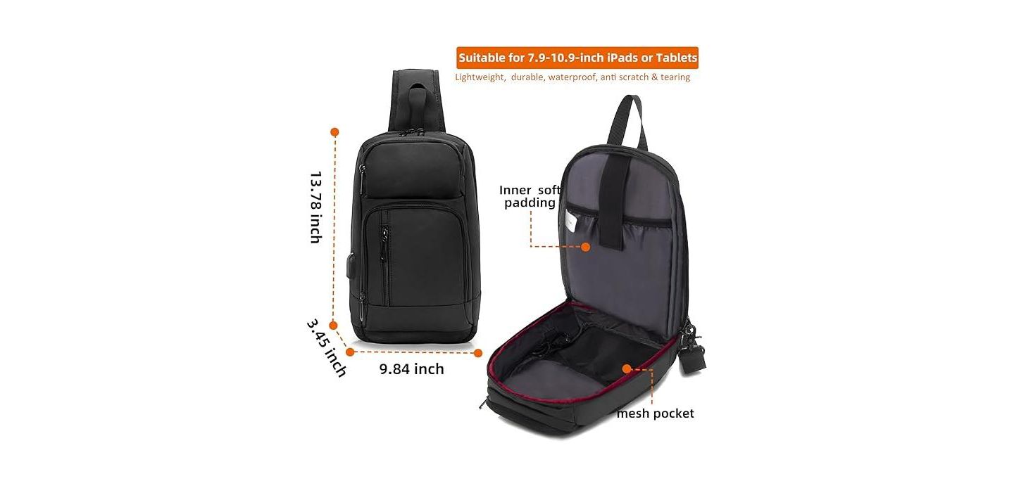 Мужская сумка Wosofe 14 inch Sling Bag for Men, Black Crossbody Bag with USB Charging Port Fits 10.2inch iPad, Casual, цвет: Чёрный — фото 3