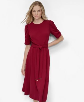 Women's Ruched-Sleeve Belted Fit and Flare Midi Dress