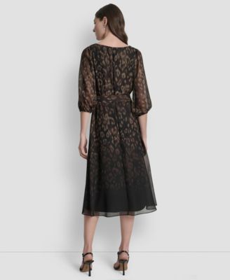 Women's Balloon Sleeve Faux Wrap Midi Dress
