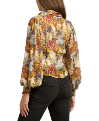 Juniors Printed Long-Bubble-Sleeve Button-Front Top