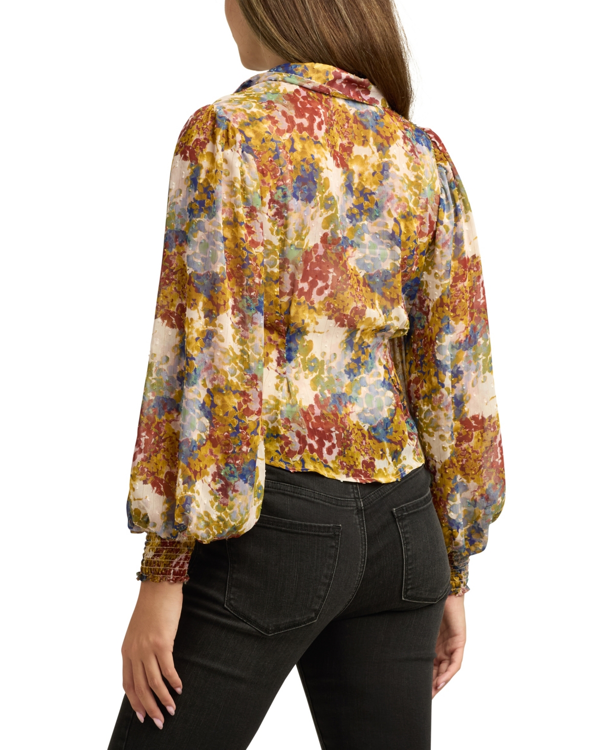 Bcx Juniors Printed Long-bubble-sleeve Button-front Top In Multi