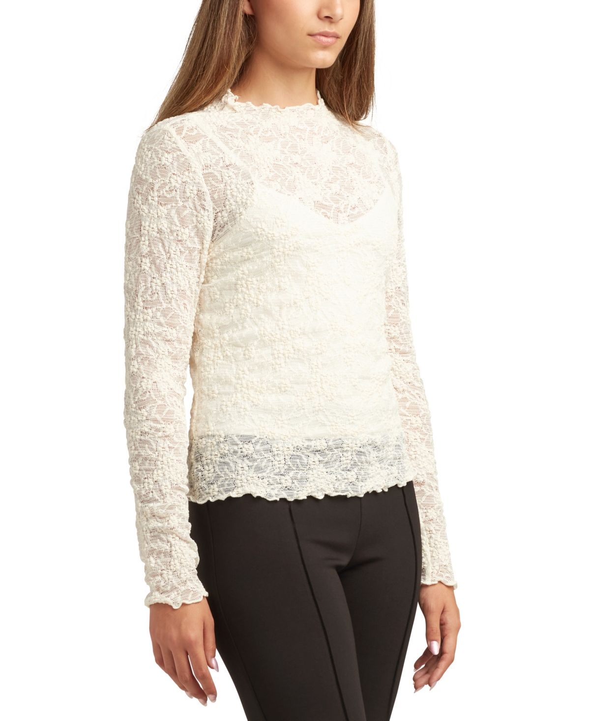 Bcx Juniors Patchwork Mock-neck Long-sleeve Lace Top In White