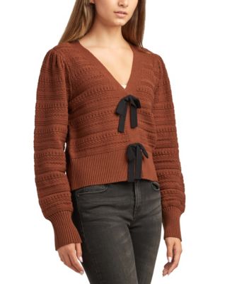Juniors V-Neck Bow-Trim Long-Sleeve Cardigan