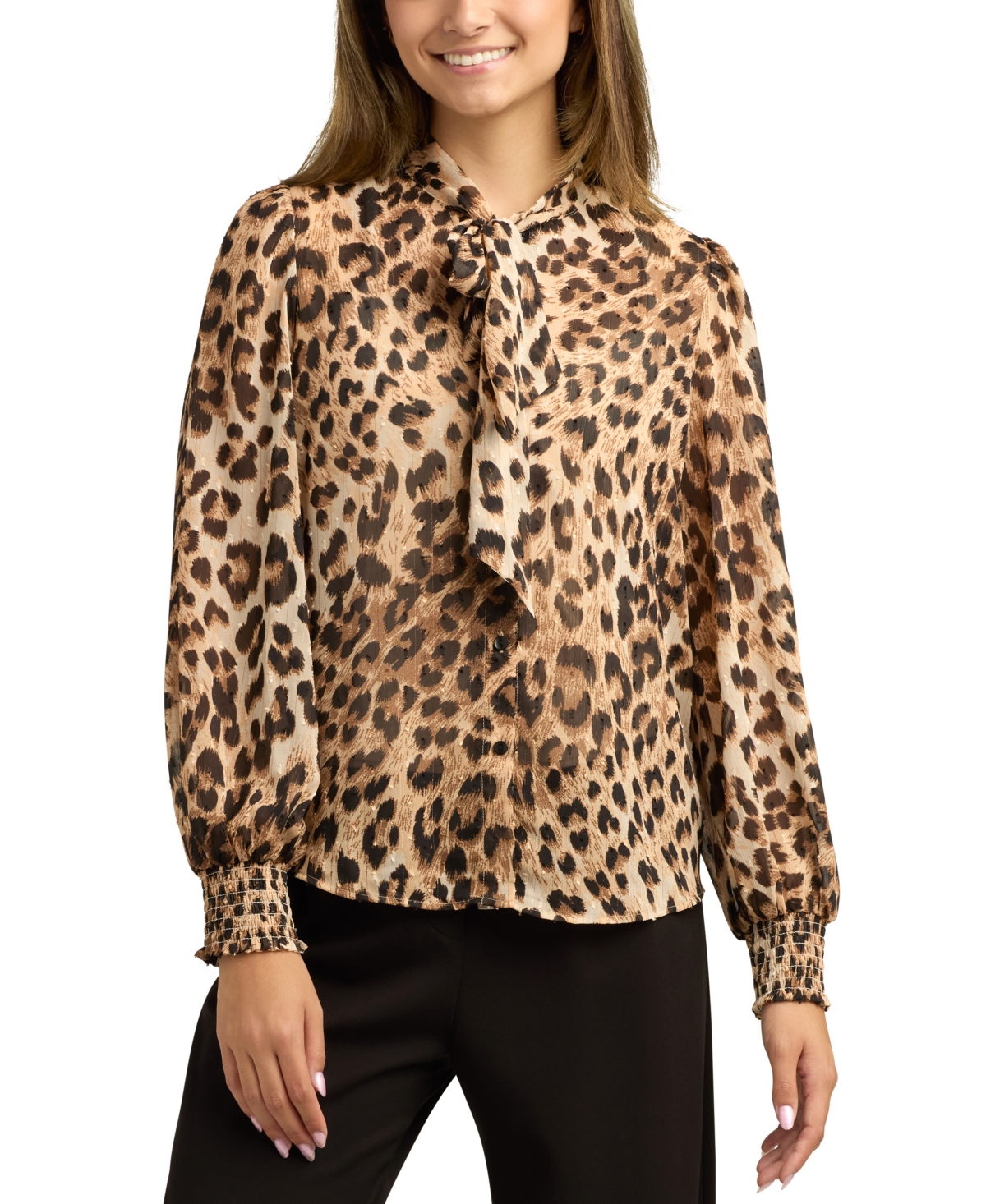 Bcx Juniors Printed Tie-neck Long-sleeve Blouse In Brown