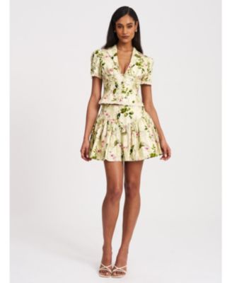 Women Zanella Green Floral Print Lace Trim Linen Top