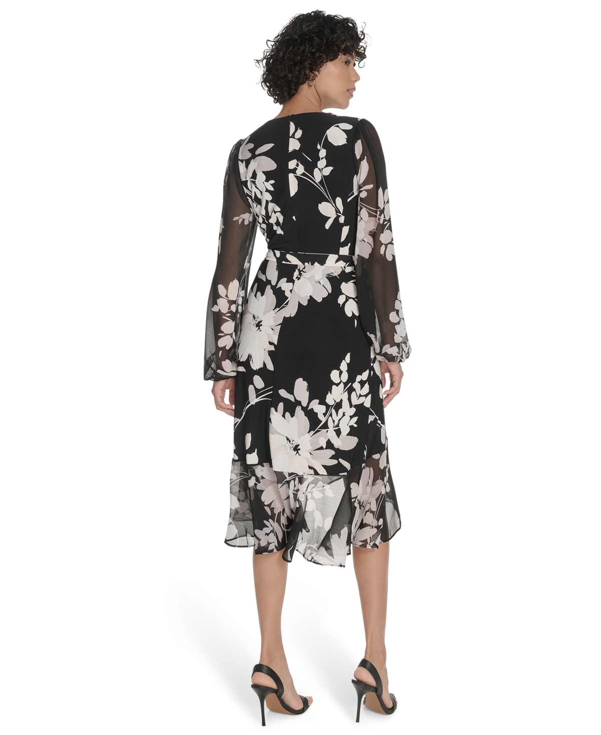 Tommy Hilfiger Floral Long Sleeve Ruffle Mixed Media Midi Dress In Multi