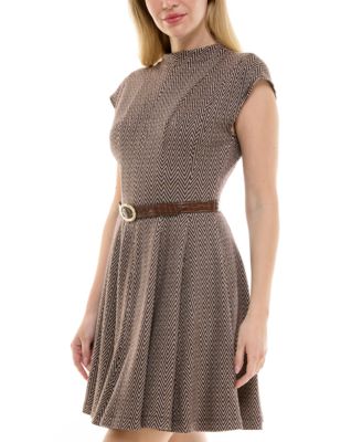 Women's Belted Jacquard A-Line Dress