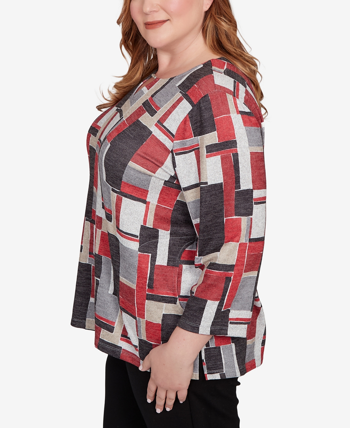 Alfred Dunner Plus Size Classic Colorblock Split Beaded Neck Top In Multi