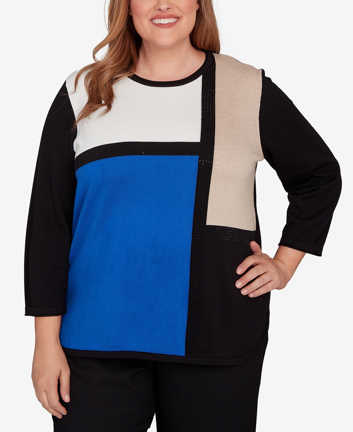 Alfred Dunner Plus Size Classic Colorblock Long Sleeve Sweater In Blue