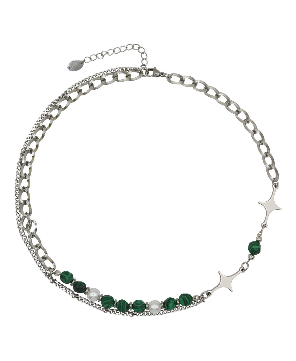 Layered Stainless Steel Green Beaded Neckalce with Star Charms - Silver