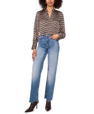 Women's Printed Split-Neck Wide-Cuff Blouse