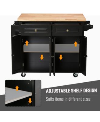 Black Kitchen Island: Cart with Varnished Rubberwood Top and Casters
