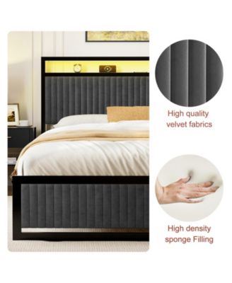 Upholstered Queen Bed Frame with 2 Storage Drawers, LED Headboard, USB Ports, Dark Gray