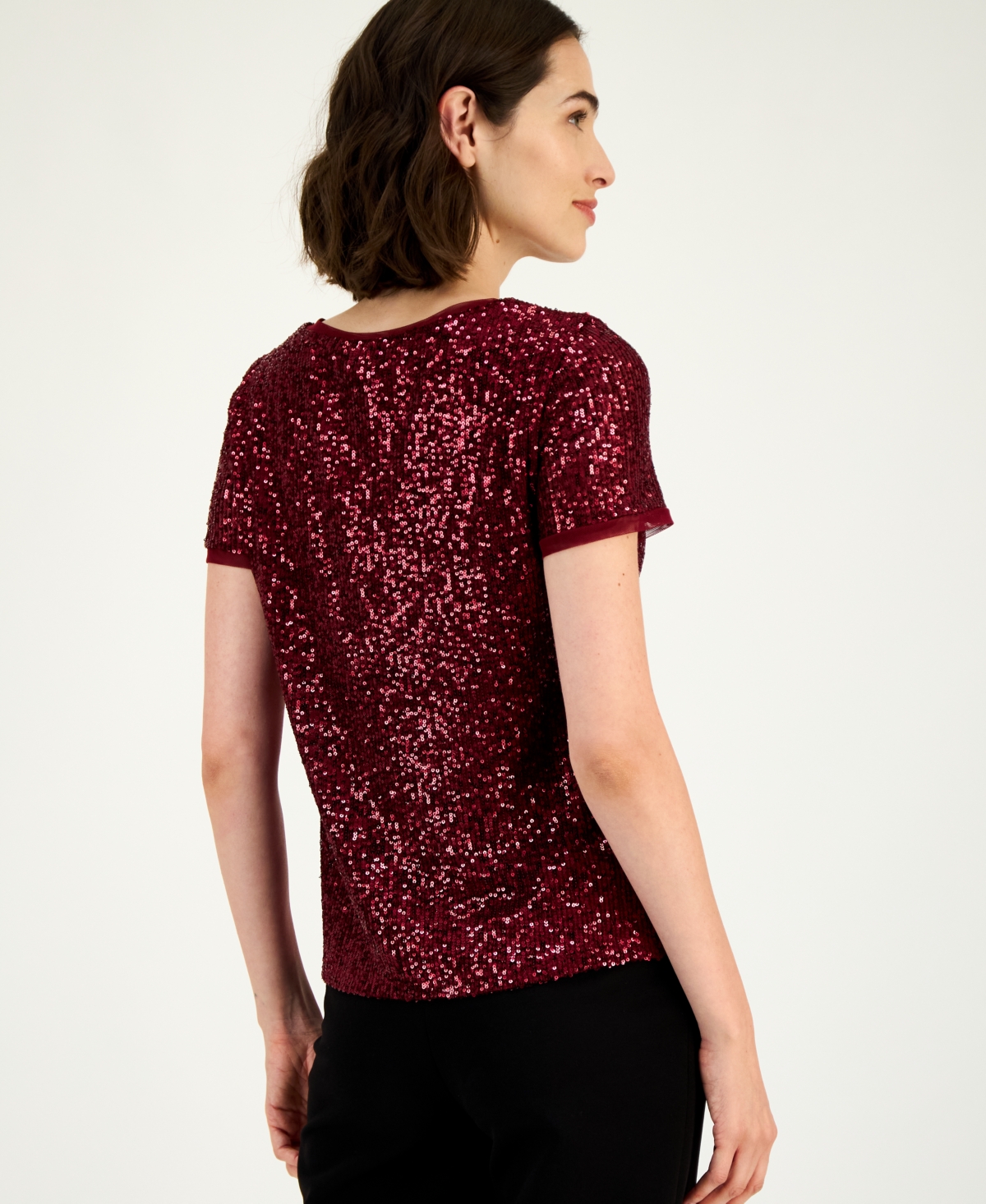 Anne Klein Short Sleeve Sequin Mesh Top In Burgundy