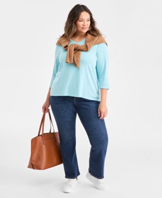 Plus Size Cotton V-Neck 3/4-Sleeve Top