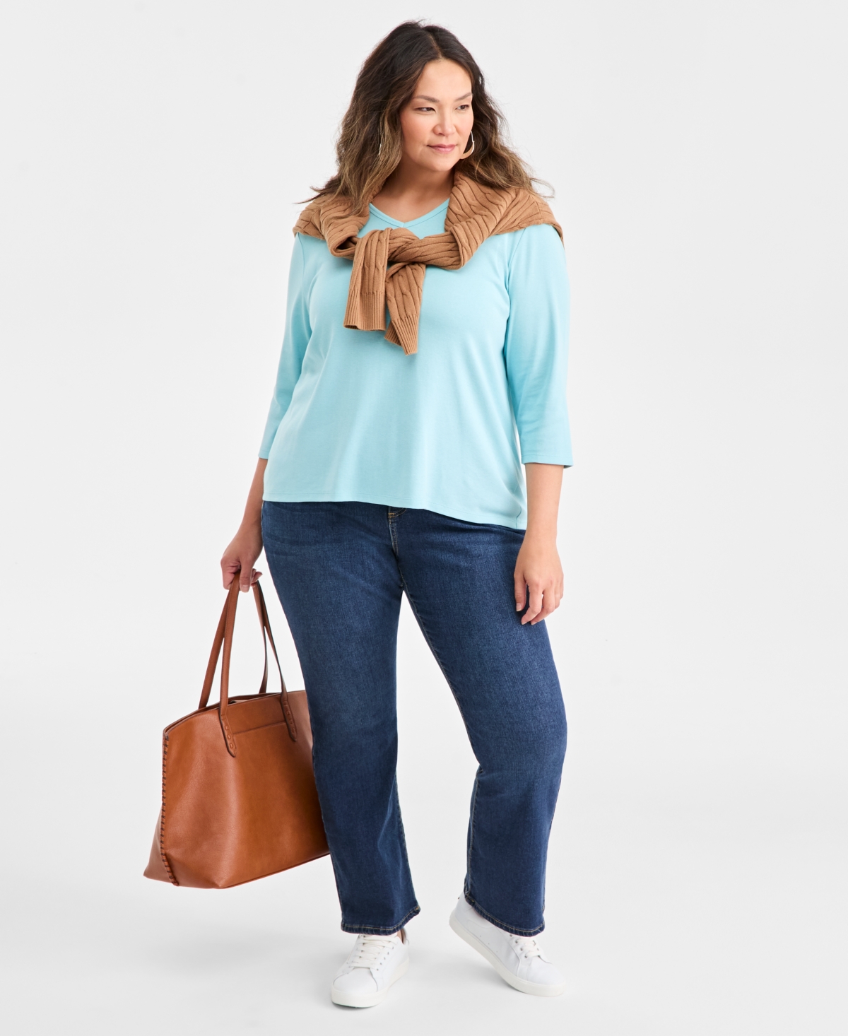 Style & Co Plus Size Cotton V-neck 3/4-sleeve Top, Exclusively At Macy's In Blue