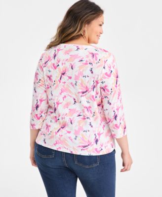 Plus Size Printed Henley 3/4-Sleeve Top, Macy's Exclusive 