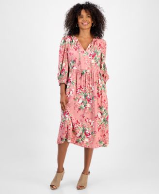 Style & Co - Women's Floral-Print Ruffle-Trim Split-Neck Dress