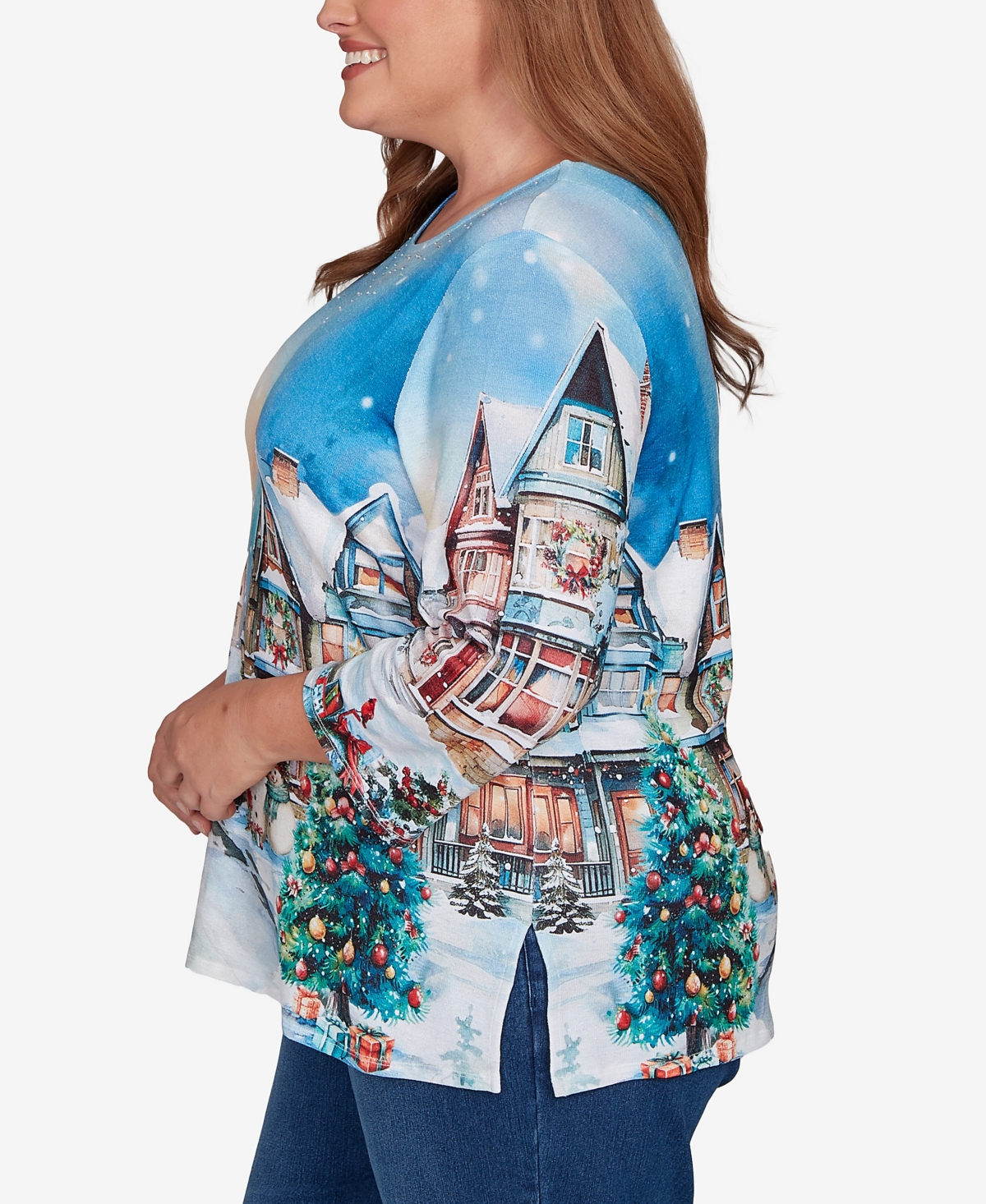 Alfred Dunner Plus Size Classic Embellished Snow Cabin Village Scene Crew Neck Top In Blue