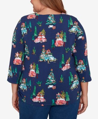 Plus Size Classic Christmas Tree Print Beaded Keyhole Neck Top